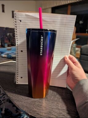 Starbucks Metallic Ombre Tumbler in Blue-Purple-Pink-Gold with Pink Straw